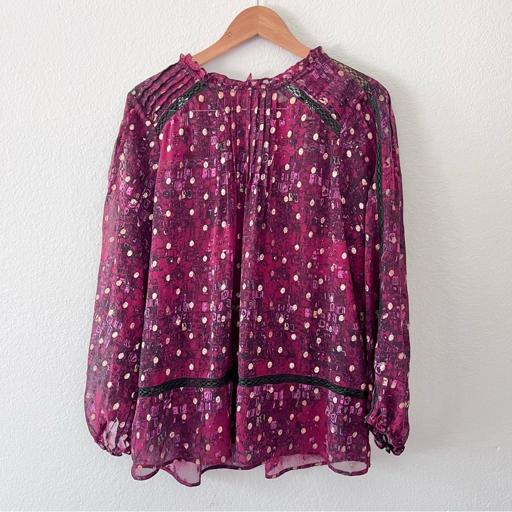 Anthropologie HD In Paris Maroon Gold Polka Dot Sheer Top Sz M